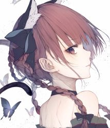 Rule 34 | 1girl, animal ear fluff, animal ears, back, bare shoulders, black bow, bow, braid, bug, butterfly, cat ears, cat tail, choker, dress, extra ears, from behind, hair bow, highres, hito komoru, insect, kaenbyou rin, long hair, looking at viewer, looking back, off-shoulder dress, off shoulder, profile, red eyes, red hair, simple background, solo, tail, touhou, twin braids, twintails, unfinished, white background