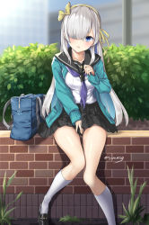Rule 34 | 1girl, anastasia (fate), bag, black footwear, black sailor collar, black skirt, blouse, blue eyes, blue jacket, bow, brick wall, commentary request, contemporary, day, fate/grand order, fate (series), hair bow, hair over one eye, hair ribbon, hairband, jacket, kneehighs, loafers, long hair, long sleeves, neckerchief, open clothes, open jacket, outdoors, pleated skirt, purple neckerchief, ribbon, sailor collar, school bag, school uniform, serafuku, shirt, shoes, silver hair, sitting, skirt, sleeves past wrists, socks, solo, twitter username, tyone, very long hair, white shirt, white socks, yellow bow, yellow hairband, yellow ribbon
