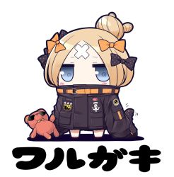 Rule 34 | 1girl, abigail williams (fate), abigail williams (traveling outfit) (fate), bandages, blonde hair, blue eyes, blush, bow, chibi, fate/grand order, fate (series), hair bow, hair bun, heroic spirit traveling outfit, jacket, jitome, looking at viewer, multiple hair bows, official alternate costume, parted bangs, ruton-niki, single hair bun, sleeves past fingers, sleeves past wrists, solo, stuffed animal, stuffed toy, teddy bear, tentacles