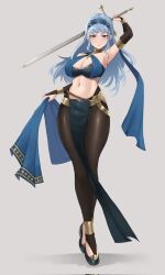 Rule 34 | 1girl, alternate costume, blue hair, blue sash, bodystocking, breasts, bridal gauntlets, cleavage, cosplay, dorothea arnault, dorothea arnault (cosplay), dorothea arnault (plegian), dorothea arnault (plegian) (cosplay), elbow gloves, fire emblem, fire emblem: three houses, fire emblem heroes, fire emblem warriors: three hopes, full body, gloves, gold trim, hairband, halterneck, highres, holding, holding sword, holding weapon, lace-trimmed hairband, lace trim, large breasts, lene (fire emblem), long hair, looking at viewer, marianne von edmund, navel, nintendo, official alternate hairstyle, pelvic curtain, pink eyes, sash, solo, sword, sword behind back, vuxer, weapon