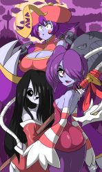 Rule 34 | 3girls, ass, bigdead, black hair, black sclera, blue skin, blush, blush stickers, breasts, chinese clothes, choker, claws, cleavage, cleavage cutout, clothing cutout, colored sclera, colored skin, crossover, detached sleeves, flipped hair, hair over one eye, highres, hisako (killer instinct), japanese clothes, jiangshi, killer instinct, kimono, large breasts, lei lei, leviathan (skullgirls), long hair, multiple crossover, multiple girls, naginata, off shoulder, ofuda, pale skin, polearm, poorly drawn, purple hair, short hair, side ponytail, sideboob, skullgirls, sleeves past wrists, small breasts, squigly (skullgirls), stitched mouth, stitches, striped, striped sleeves, trait connection, vampire (game), weapon, wide hips, yellow eyes, zombie
