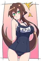 Rule 34 | 1girl, absurdres, aile (mega man zx), black one-piece swimsuit, blush, bouncing breasts, breasts, brown hair, buzzlyears, green eyes, highres, japanese text, large breasts, long hair, looking at viewer, mega man (series), mega man zx, mega man zx advent, name tag, one-piece swimsuit, ponytail, school swimsuit, swimsuit, tagme