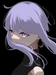 Rule 34 | 1girl, bare shoulders, black background, black dress, breasts, commentary, covered mouth, dress, earrings, floating hair, from side, glowing, glowing eyes, high collar, highres, hoop earrings, jewelry, looking at viewer, looking to the side, medium breasts, purple eyes, purple hair, romaji commentary, sabiwo, short hair with long locks, sidelocks, simple background, sleeveless, solo, upper body, vocaloid, voiceroid, yuzuki yukari