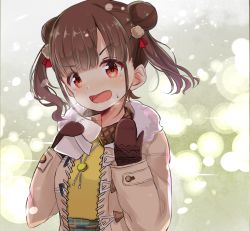 Rule 34 | 1girl, amidada, blush, brown coat, brown hair, brown mittens, coat, collared shirt, double bun, fur-trimmed coat, fur trim, green skirt, hair bun, hair ornament, hands up, head tilt, idolmaster, idolmaster shiny colors, long hair, long sleeves, looking at viewer, mittens, open clothes, open coat, open mouth, red eyes, shirt, side bun, skirt, sleeves past wrists, solo, sonoda chiyoko, steam, sweat, twintails, upper body, v-shaped eyebrows, yellow shirt
