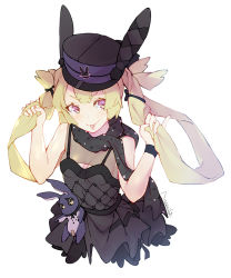 Rule 34 | 1girl, arms up, black dress, black hat, black scarf, black wristband, blonde hair, blush, braid, breasts, chinese text, cleavage, cleavage cutout, clothing cutout, cropped torso, dress, from above, girls&#039; frontline, hair tie, hand in own hair, hat, head tilt, holding, holding hair, long hair, looking at viewer, looking up, mania (fd6060 60), official alternate costume, pinky out, purple eyes, scarf, shoes, signature, simple background, skirt, small breasts, smile, solo, spotted scarf, sr-3mp (bunny macchiato) (girls&#039; frontline), sr-3mp (girls&#039; frontline), stuffed animal, stuffed rabbit, stuffed toy, thick eyebrows, tongue, tongue out, twin braids, twintails, very long hair, white background, wristband