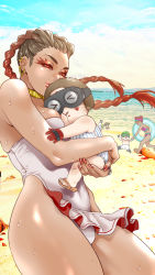 Rule 34 | &gt; &lt;, 1other, 2boys, 3girls, aged down, animification, apex legends, baby, barefoot sandals (jewelry), beach, between breasts, bikini, bloodhound (apex legends), braid, breasts, brown hair, closed eyes, crypto (apex legends), double bun, floating hair, gloves, goggles, gradient hair, hair bun, half-closed eyes, hat, head between breasts, holding baby, lifeline (apex legends), loba (apex legends), meteolance, multicolored hair, multiple boys, multiple girls, ocean, octane (apex legends), one-piece swimsuit, pink bikini, pink hair, red eyes, red gloves, red hair, skirt, smile, squatting, straw hat, swimsuit, topless male, twin braids, wattson (apex legends), white one-piece swimsuit, white skirt