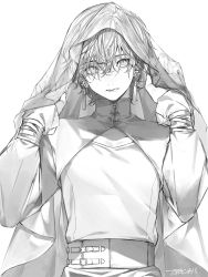 Rule 34 | 1boy, artist name, bags under eyes, belt, closed mouth, collarbone, earrings, eyelashes, flower, flower earrings, frown, greyscale, hair over eyes, hands up, head tilt, highres, jewelry, layered clothes, lineart, lips, long sleeves, male focus, monochrome, o-ring, original, otochi (otc so), rose, see-through, shirt, short hair, signature, simple background, solo, tassel, tassel earrings, upper body, veil, zipper