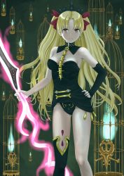 Rule 34 | 1girl, asymmetrical legwear, asymmetrical sleeves, birdcage, black background, black dress, black leotard, blonde hair, bosutonii, breasts, cage, commentary request, cropped legs, detached collar, detached sleeves, dress, earrings, energy, ereshkigal (fate), expressionless, fate/grand order, fate (series), groin, hair ribbon, hand on own hip, highres, hitodama, holding, holding polearm, holding spear, holding weapon, hoop earrings, jewelry, leotard, long hair, looking at viewer, medium breasts, parted bangs, polearm, red eyes, ribbon, short dress, single sleeve, single thighhigh, skull, solo, spear, spine, standing, thighhighs, two side up, uneven legwear, uneven sleeves, very long hair, weapon