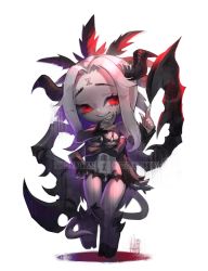 Rule 34 | 1girl, chaos (warhammer), chibi, claws, closed mouth, colored skin, commentary, commission, crossed arms, demon girl, english commentary, enteka (khornette quest), extra arms, facial mark, forehead mark, highres, hooves, horns, khornette quest, looking at viewer, original, parted bangs, red eyes, signature, simple background, smile, solo, standing, standing on one leg, tail, tostantan, warhammer 40k, watermark, white background, white hair, white skin