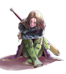 Rule 34 | 1boy, belt bag, black shirt, blue eyes, boots, brown hair, closed mouth, coat, commentary request, crossed legs, dragon quest, dragon quest xi, green bag, green footwear, green pants, hero (dq11), holding, holding jewelry, holding necklace, hugging own legs, jewelry, knee boots, knees up, long sleeves, looking to the side, male focus, medium hair, necklace, pants, parted bangs, purple coat, shirt, sitting, solo, sword, weapon, weapon on back, white background, y22pi11
