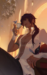 Rule 34 | 1boy, absurdres, backlighting, bishounen, black butterfly, black hair, bug, butterfly, chandelier, collared shirt, cup, d.gray-man, dark-skinned male, dark skin, earrings, fxmao-, hair between eyes, highres, holding, holding cup, insect, jewelry, long hair, looking at viewer, low ponytail, male focus, mole, mole under eye, on chair, open clothes, open shirt, pants, pectorals, scar, shirt, sitting, smile, solo, teacup, toned, toned male, tyki mikk, very dark skin, white shirt, yellow eyes
