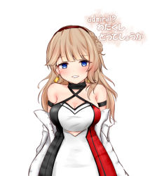 Rule 34 | 1girl, black dress, black hairband, blonde hair, blue eyes, braid, breasts, dress, earrings, hair bun, hairband, jacket, jewelry, kantai collection, large breasts, long hair, multicolored clothes, multicolored dress, off shoulder, official alternate costume, open clothes, open jacket, race queen, ranger (kancolle), red dress, side braid, single side bun, sleeveless, sleeveless dress, solo, translation request, upper body, white dress, white jacket, yuki (yukineko-nyaa)