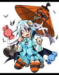 Rule 34 | 1girl, :p, bad id, bad pixiv id, blue hair, female focus, food-themed clothes, halloween, kneeling, kotomuke fuurin, one eye closed, red eyes, shoes, short hair, solo, striped clothes, striped thighhighs, tatara kogasa, thighhighs, tongue, tongue out, touhou, umbrella, white background, wink