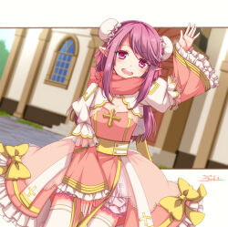 Rule 34 | 1girl, 20nigu, arch bishop (ragnarok online), arched window, arrow cross, blush, bow, breasts, building, bun cover, cleavage cutout, clothing cutout, commentary request, commission, cowboy shot, cross, day, door, double bun, dress, dress bow, dutch angle, frilled dress, frilled sleeves, frills, hair bun, long hair, looking at viewer, medium bangs, official alternate costume, open mouth, outdoors, paid reward available, pelvic curtain, pink dress, pink eyes, pink scarf, pointy ears, purple hair, ragnarok online, scarf, sidelocks, signature, skeb commission, small breasts, smile, solo, thighhighs, two-tone dress, waving, white dress, white thighhighs, window, yellow bow