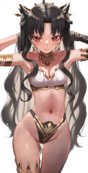 Rule 34 | 1girl, absurdres, armlet, armpits, arms up, bikini, black bikini, black bow, black hair, blush, bow, breasts, brown eyes, cleavage, closed mouth, collar, cowboy shot, detached sleeves, earrings, fate/grand order, fate (series), gluteal fold, gold trim, groin, hair bow, highres, hoop earrings, ishtar (fate), jewelry, lipstick, long hair, long sleeves, looking at viewer, makeup, medium breasts, mismatched bikini, navel, parted bangs, sidelocks, simple background, single detached sleeve, smile, solo, stomach, strapless, strapless bikini, swimsuit, thighlet, torriet, two side up, very long hair, white background, white bikini, wide hips