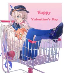 Rule 34 | 1boy, absurdres, black hat, blonde hair, blue hair, blue pantyhose, blue shirt, blush, captain nemo (fate), cardigan, character doll, fate/grand order, fate (series), fujimaru ritsuka (female), gradient hair, grey hair, hair between eyes, happy valentine, hat, hat feather, highres, long hair, long sleeves, looking at viewer, male focus, multicolored hair, nemo (fate), pantyhose, sherry 0014, shirt, shoes, simple background, sitting, solo, twintails, twitter username, valentine, very long hair