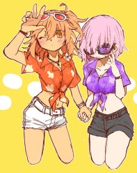 Rule 34 | ahoge, black-framed eyewear, breasts, cleavage, cowboy shot, fate/grand order, fate (series), fujimaru ritsuka (female), fujimaru ritsuka (female) (tropical summer), glasses, hair ornament, hair over one eye, hair scrunchie, holding hands, large breasts, light purple hair, looking at viewer, mash kyrielight, official alternate costume, one eye closed, one side up, orange eyes, orange hair, orange scrunchie, pasetan, purple eyes, purple hair, scrunchie, short hair, short shorts, shorts, side ponytail, tropical summer (fate)