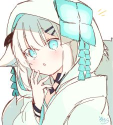 Rule 34 | 1girl, ars almal, blue eyes, blush, commentary request, hair ornament, hairclip, hand up, highres, hood, hood up, long sleeves, looking at viewer, nijisanji, parted lips, signature, simple background, sofra, solo, virtual youtuber, white background, white hair