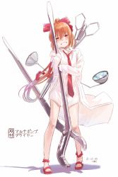 Rule 34 | 1girl, artist name, character name, dated, dress shirt, full body, gradient hair, grin, hair between eyes, hair ribbon, head tilt, holding, kawashina (momen silicon), lab coat, long hair, long sleeves, looking at viewer, multi pump pliers (ole tower), multicolored hair, necktie, no socks, ole tower, orange eyes, orange hair, pliers, ponytail, red necktie, ribbon, sandals, scissors, shadow, shirt, sleeves past wrists, smile, solo, standing, teeth, water pump pliers (ole tower), white shirt, wing collar