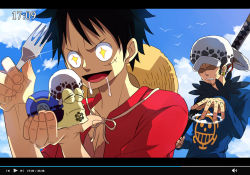 Rule 34 | &gt;:), 2boys, anger vein, annoyed, black hair, clenched teeth, den den mushi, drooling, fake screenshot, fork, fur hat, fur trim, hat, unworn hat, unworn headwear, holding, holding fork, holding sword, holding weapon, long sleeves, male focus, monkey d. luffy, multiple boys, one piece, open clothes, open mouth, open shirt, outdoors, red shirt, scar, scar on face, sheath, sheathed, shirt, snail, sparkling eyes, straw hat, sword, teeth, trafalgar law, v-shaped eyebrows, weapon, x.hyo
