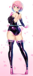 Rule 34 | 1girl, absurdres, ass, blue ribbon, blush, boots, breasts, earrings, elbow gloves, from behind, full body, gloves, gradient background, green eyes, heart, highres, ibusuki, jewelry, latex, latex gloves, latex legwear, latex leotard, latex thighhighs, leotard, looking at viewer, looking back, ninja, ninjatou, open mouth, original, petals, pink background, pink hair, ribbon, ribbon trim, sheath, sheathed, shiny skin, short hair, short sword, solo, sword, thigh boots, thighhighs, thighs, weapon, white background