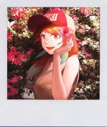 Rule 34 | 1girl, absurdres, alternate costume, baseball cap, breasts, bush, earrings, feather earrings, feathers, flower, gradient hair, green hair, hat, highres, hololive, hololive english, jewelry, looking at viewer, medium breasts, multicolored hair, open mouth, orange hair, pink eyes, polaroid, shirt, sleeveless, sleeveless shirt, solo, takanashi kiara, vincent wu, virtual youtuber