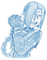 Rule 34 | 10s, 1girl, bbb (friskuser), bell, blue theme, braid, chikujouin magane, commentary request, crazy smile, delinquent, earrings, gloves, greyscale, hair bell, hair ornament, hair over one eye, jewelry, jingle bell, long hair, long sleeves, monochrome, open mouth, own hands clasped, own hands together, pentagram, re:creators, sharp teeth, single braid, smile, solo, sukeban, teeth, torii earrings, upper body, white background