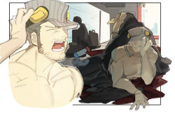 Rule 34 | 1boy, adjusting clothes, adjusting headwear, bara, beard stubble, character request, cigarette, collage, elbow rest, facial hair, glasses, grey hair, hat, highres, holding, holding cigarette, iwai munehisa, large pectorals, long sideburns, looking at viewer, luboyaqqz, male focus, mature male, muscular, muscular male, mustache stubble, pectorals, persona, persona 5, short hair, sideburns, sketch, stubble, topless male, unworn eyewear, yawning