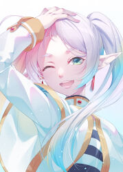 Rule 34 | 1girl, absurdres, arm up, brooch, capelet, earrings, elf, frieren, gem, gold trim, gradient background, gradient hair, green eyes, hand on own head, highres, jewelry, laughing, light blush, light particles, lips, long hair, long sleeves, looking at viewer, mukunokino isshiki, multicolored hair, one eye closed, open mouth, parted bangs, pointy ears, red brooch, red gemstone, shirt, short eyebrows, simple background, sleeve cuffs, smile, solo, sousou no frieren, striped clothes, striped shirt, teeth, twintails, upper body, white capelet, white hair, white shirt