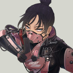 Rule 34 | 1girl, apex legends, black hair, breasts, cable, character name, chizu (kurukuro), copyright name, floating hair, green background, hair behind ear, hair bun, highres, jacket, kuji-in, looking to the side, mask, mouth mask, official alternate costume, pink jacket, portrait, small breasts, solo, void specialist wraith, wraith (apex legends)