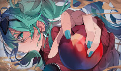 Rule 34 | 1girl, :|, apple, aqua nails, closed mouth, collarbone, dust, earrings, eyewear on head, floating hair, food, fruit, goma irasuto, green eyes, green hair, hair between eyes, hatsune miku, highres, holding, holding food, holding fruit, jacket, jewelry, long bangs, long hair, long sleeves, looking at viewer, nail polish, open clothes, open jacket, red jacket, shade, shirt, sleeve cuffs, solo, suna no wakusei (vocaloid), sunglasses, twintails, upper body, vocaloid, white shirt