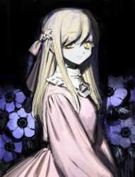 Rule 34 | 1girl, black background, blonde hair, blue flower, bow, braid, closed mouth, dark, dot nose, dress, flower, french braid, from side, frost fog, glowing, glowing eyes, hair between eyes, hair bow, highres, layered clothes, light smile, long sleeves, looking at viewer, original, own hands together, pink bow, pink dress, raised eyebrows, shadow, shirt, sidelocks, solo, straight hair, swept bangs, upper body, white shirt, yellow eyes