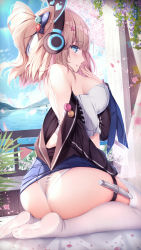 Rule 34 | 1girl, ass, azur lane, blue eyes, breasts, butt crack, commission, from side, full body, headphones, highres, large breasts, light brown hair, long hair, looking at viewer, manman manyou haiyang de paomo, outdoors, panties, pixiv commission, ponytail, richmond (azur lane), solo, thighhighs, underwear, water, wedgie, white panties, white thighhighs