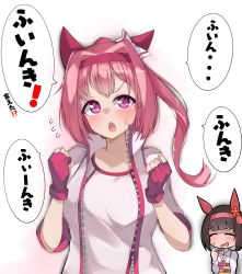 Rule 34 | 2girls, absurdres, animal ears, bow, clenched hands, closed eyes, commentary, ear bow, ear covers, flying sweatdrops, gloves, gym shirt, hairband, haru urara (umamusume), highres, horse ears, horse girl, jacket, kshimu, long hair, looking at viewer, multiple girls, nishino flower (umamusume), open clothes, open jacket, open mouth, pink hair, ponytail, red gloves, red hairband, shirt, short sleeves, simple background, smile, standing, sweatdrop, translated, umamusume, v-shaped eyebrows, white background, white jacket, white shirt