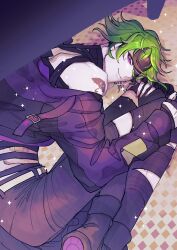 Rule 34 | 1boy, bandaged chest, bandaged neck, bandages, belt, black pants, closed mouth, coat, commentary request, eyeliner, fetal position, from above, fuya kashiwa, green hair, hair between eyes, highres, indoors, long sleeves, looking at viewer, lying, makeup, male focus, master detective archives: rain code, messy hair, multicolored hair, off shoulder, on floor, on side, pants, purple coat, purple eyeliner, purple eyes, short hair, shoulder tattoo, smile, solo, streaked hair, tattoo, vivia twilight, white belt