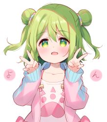 Rule 34 | 1girl, :d, blush, collarbone, double bun, double v, drawstring, green eyes, green hair, hair between eyes, hair bun, highres, hood, hood down, hooded jacket, jacket, long sleeves, looking at viewer, meito (maze), morinaka kazaki, nijisanji, open clothes, open jacket, open mouth, pink jacket, puffy long sleeves, puffy sleeves, shirt, simple background, sleeves past wrists, smile, solo, translation request, two side up, upper body, v, virtual youtuber, white background, white shirt