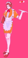 Rule 34 | 1boy, ace attorney, apron, azekawa, bow, bowtie, buttons, center frills, collared dress, color guide, crossdressing, dress, frilled apron, frills, full body, hair intakes, highres, holding, holding menu, holding tray, legs together, looking at viewer, maid, maid apron, maid headdress, male focus, male maid, mary janes, menu, orange dress, pink background, puffy short sleeves, puffy sleeves, red bow, red bowtie, red eyes, red footwear, red hair, ron delite, shoes, short dress, short hair, short sleeves, solo, standing, sweat, tray, tres bien maid uniform, unhappy, white apron