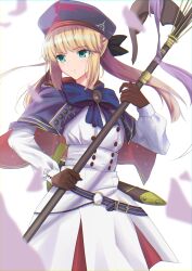 Rule 34 | 1girl, absurdres, artoria caster (fate), artoria caster (second ascension) (fate), artoria pendragon (fate), bad id, bad pixiv id, belt, black gloves, blonde hair, blue eyes, cloak, fate/grand order, fate (series), gloves, green eyes, hat, highres, holding, holding staff, holding weapon, koujiro (kouziro 1), long hair, looking to the side, petals, simple background, solo, staff, standing, sword, twintails, weapon, white background