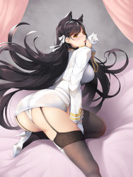 Rule 34 | 1girl, animal ears, ass, atago (azur lane), azur lane, black hair, black thighhighs, bow, breasts, commentary request, formal, from behind, garter straps, gloves, high heels, highres, koflif, large breasts, licking, long hair, long sleeves, military, military uniform, miniskirt, mole, mole under eye, panties, pencil skirt, ribbon, saliva, see-through, skirt, skirt suit, solo, suit, swept bangs, thighhighs, tongue, tongue out, underwear, uniform, white bow, white footwear, white gloves, white panties, white ribbon
