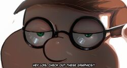 Rule 34 | 1boy, absurdres, brown hair, english text, family guy, fat, fat man, glasses, green eyes, highres, kowai (iamkowai), looking at viewer, male focus, peter griffin, round eyewear, short hair, solo, subtitled, very short hair