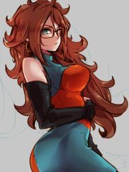 Rule 34 | 1girl, android 21, black-framed eyewear, breasts, brown hair, checkered clothes, checkered dress, detached sleeves, dragon ball, dragon ball fighterz, dress, earrings, glasses, grey background, hoop earrings, jewelry, kemachiku, large breasts, long hair, simple background, solo