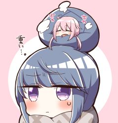 Rule 34 | 2girls, :o, :|, absurdres, blue hair, blush, brown scarf, closed eyes, closed mouth, commentary request, hair between eyes, highres, jako (jakoo21), kagamihara nadeshiko, long hair, mini person, minigirl, multiple girls, open mouth, pink background, pink hair, purple eyes, scarf, shima rin, sidelocks, sweat, translation request, two-tone background, white background, yurucamp