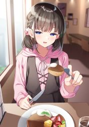Rule 34 | 1girl, black hair, blue eyes, blush, cat hair ornament, commentary, fork, hair ornament, half-closed eyes, highres, holding, holding fork, holding knife, hood, hood down, hoodie, incoming food, indoors, knife, long sleeves, looking at viewer, muninshiki, open mouth, original, pink hoodie, plate, pov across table, short hair, short twintails, smile, solo, table, textless version, twintails