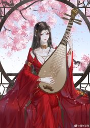 Rule 34 | 1girl, absurdres, bare shoulders, blue sky, brown hair, cai lin (doupo cangqiong), crossed legs, doupo cangqiong, dress, falling petals, hair ornament, highres, instrument, jewelry, long hair, looking at viewer, mo sha zhi zun, necklace, petals, pointy ears, red dress, red eyes, sitting, sky, upper body