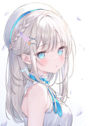 Rule 34 | 1girl, bare shoulders, beret, blue eyes, blush, braid, commentary request, commission, drop earrings, earrings, fork hair ornament, from side, hair ornament, hairclip, hakua aa, hat, highres, indie virtual youtuber, jewelry, knife hair ornament, long hair, looking at viewer, nagino mashiro, skeb commission, solo, upper body, virtual youtuber, white background