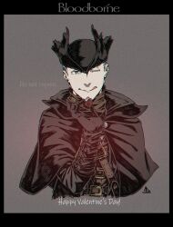 Rule 34 | 1boy, ;q, belt, black headwear, bloodborne, brown capelet, brown gloves, capelet, cropped torso, gloves, happy valentine, heart, highres, holding, holding heart, hunter (bloodborne), kamezaemon, one eye closed, short hair, smile, solo, tongue, tongue out, upper body
