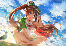 Rule 34 | 10s, 1girl, backlighting, bare legs, barefoot, bird, brown eyes, brown hair, cloud, dark-skinned female, dark skin, day, dress, flag, flower, hair ribbon, himonoata, italian flag, italy, kantai collection, libeccio (kancolle), long hair, looking at viewer, petals, ribbon, sailor dress, salute, sitting, sky, smile, solo, twintails, v