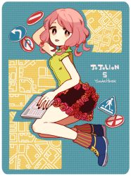 Rule 34 | 1girl, arm behind head, brown eyes, character name, copyright name, flower skirt, from side, hi73, hirose yasuho, jojo no kimyou na bouken, jojolion, looking at viewer, map, multiple tails, pink hair, road sign, shoes, sign, skirt, sneakers, socks, solo, tail, tongue, tongue out
