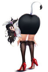 Rule 34 | 1girl, absurdres, animal ears, ass, bent over, black hair, black pantyhose, blueorca, breasts, clothes pull, commentary, cow ears, cow girl, cow tail, heel up, high heels, highres, horns, id card, large breasts, leaning forward, long hair, office lady, original, pantyhose, pantyhose pull, pencil skirt, purple eyes, red footwear, simple background, skirt, solo, symbol-only commentary, tail, torn clothes, torn pantyhose, undressing, white background