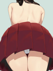 Rule 34 | 1girl, akagi (kancolle), ass, back, black hair, blue background, head out of frame, highres, kantai collection, long hair, nagi ria, panties, pleated skirt, simple background, skirt, solo, topless, underwear, white panties